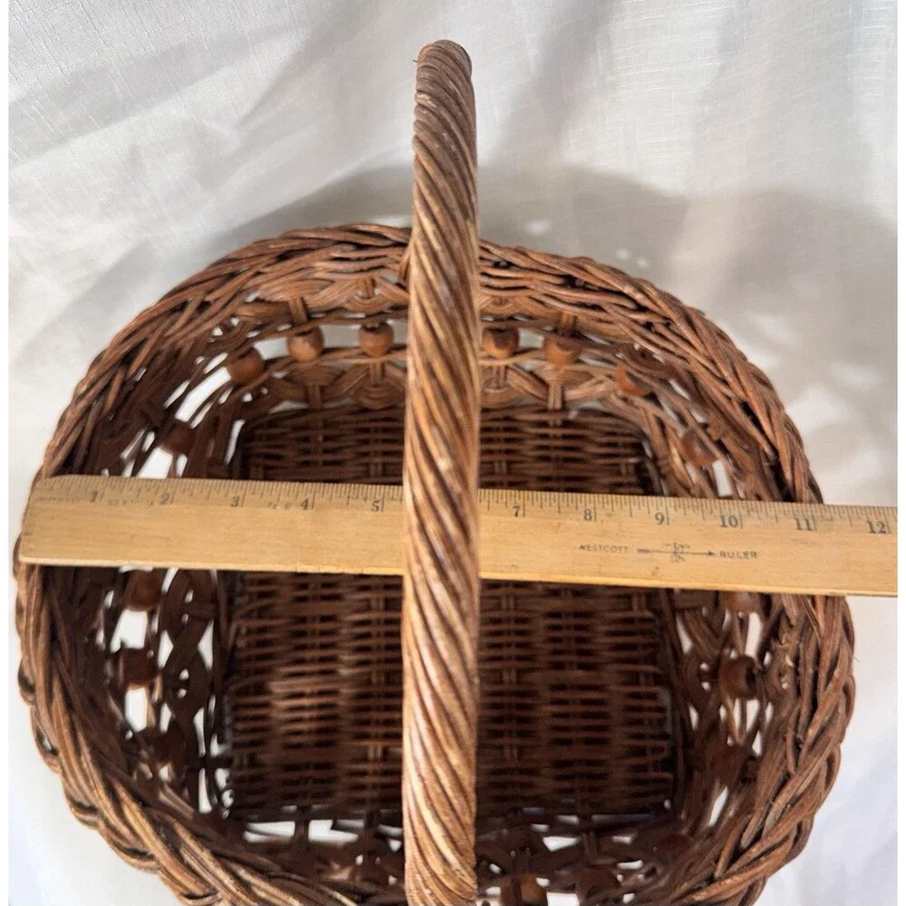 Vintage Hand Woven Basket Wicker 11 Brown Gathering Basket with Handle